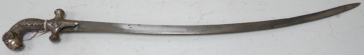 A decorative Indian sword, Shamshir hilt of embossed silver plated copper with a rams head pommel, blade 73.5cm. Condition - good